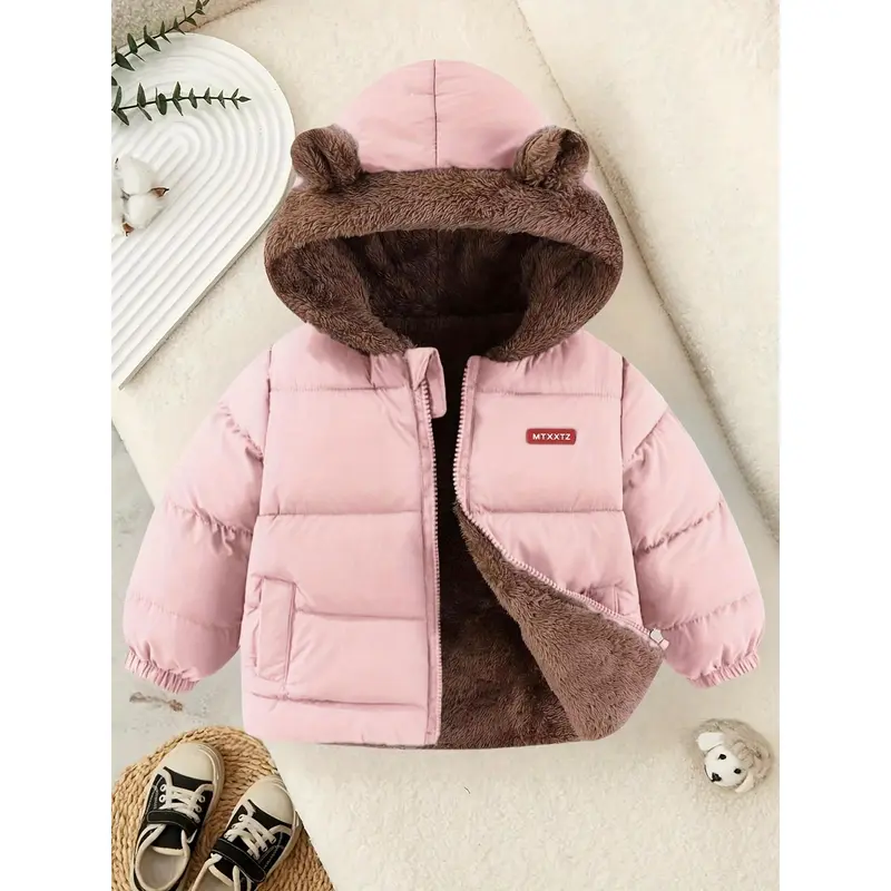 Youngsters' Reversible Fleece-Lined Hooded Jacket - Warm, Windproof Winter Coat for Boys & Girls, Casual Solid Color with Zip Detail 1