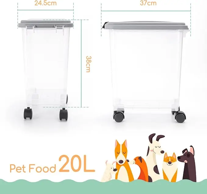 Dog Food Storage, 20L/7.5KG Airtight Pet Food Storage Container with Wheels and Measuring Scoop, Safe & Eco, Flip-Up Lid Dog Cat Animal Dry Food Seed Dispenser Plastic Bin Large Transparent 4