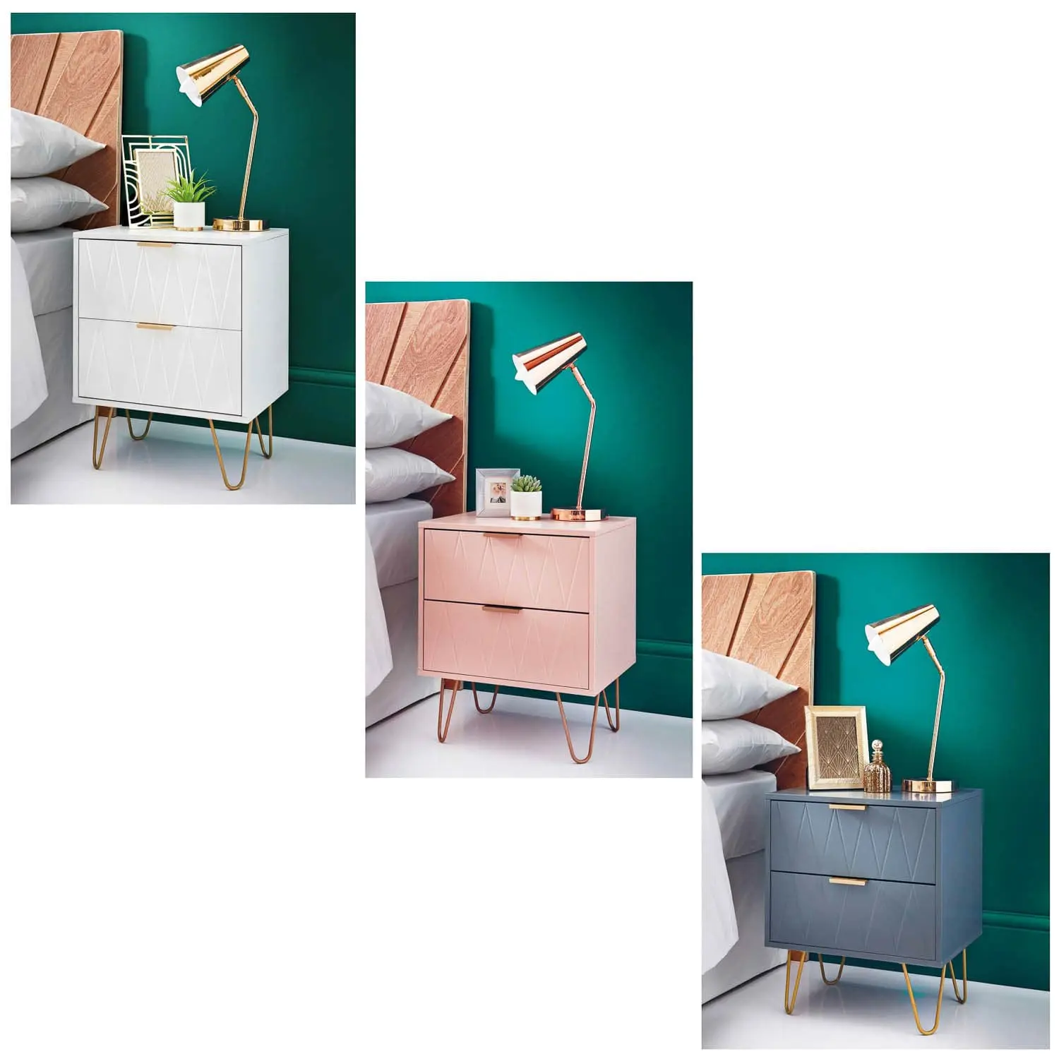 Elegant Stylish Embossed 2 Drawer Bedside Table Night Stand With Gold Legs Bedroom Furniture White / Black / Grey