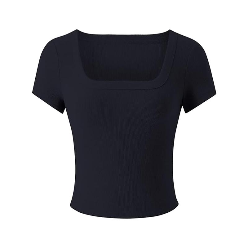 KatchMe Women's Versatile Solid Color Square Neck Slim Ribbed Crop Top,Basic Minimalist Womenswear,Casual Plain Tshirt for Spring & Summer 3