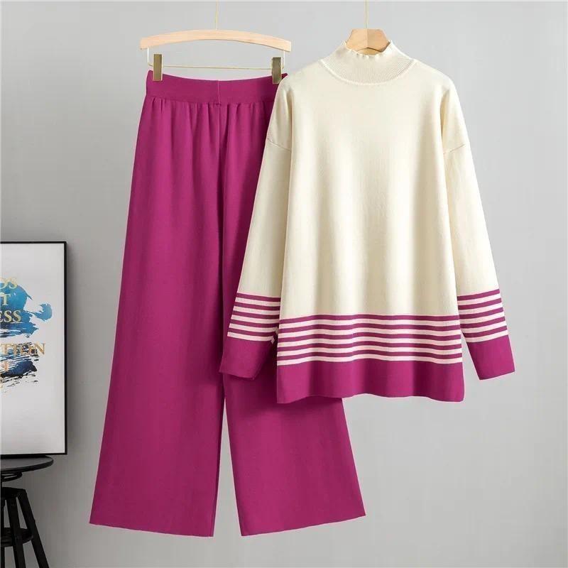 Muslim Knitting Suit Women Two Piece Sets Pullover Striped Sweater Knitted Wide Leg Pants Outfits Casual Knitwear Ensemble 2024 7