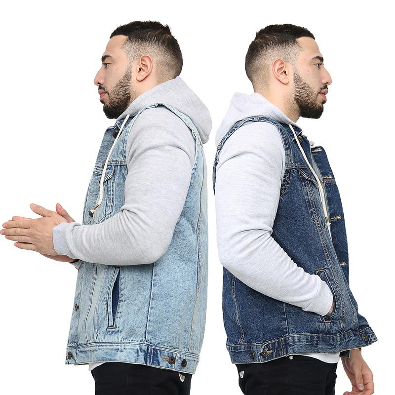 NOROZE Mens Trucker Denim Long Sleeves Jacket Detachable Hood Washed Denim Fleece Hoodie Classic Menswear Casual Western Style Jean Jackets Coat UK Sizes S-XXL 9