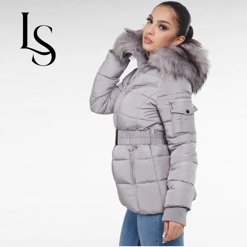 Love Sunshine Shiny Belted Puffer Coat with Faux Fur hood Fitted Pocket Jacket Women Womenswear Outerwear 6