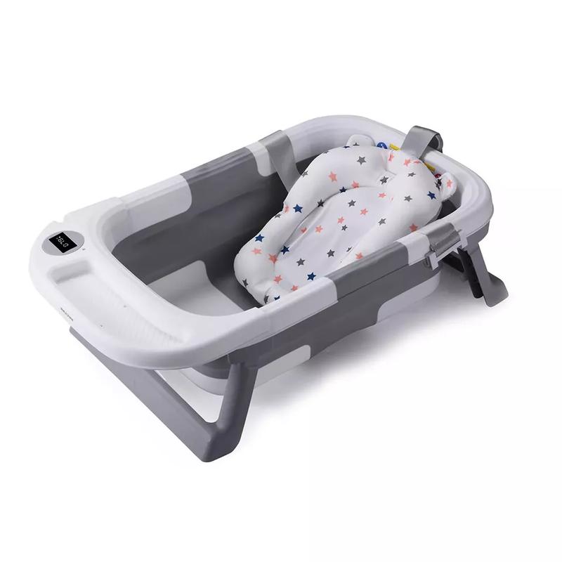 Foldable Baby Bath Tub Ergonomic with Temperature & Cushion Bath Pad + Bath Net 8