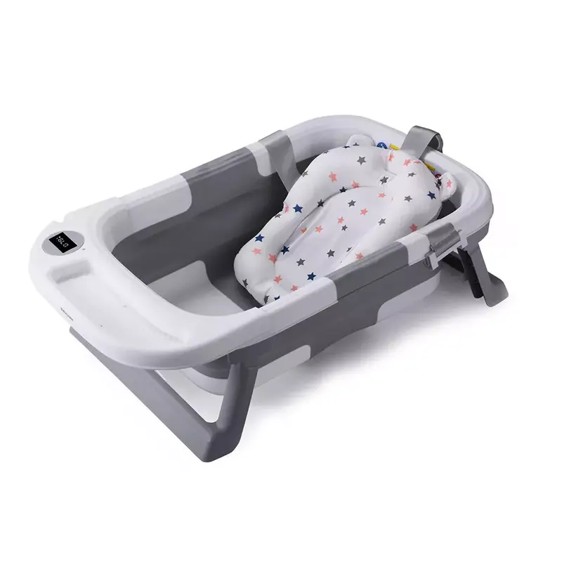 Foldable Baby Bath Tub Ergonomic with Temperature & Cushion Bath Pad + Bath Net 8