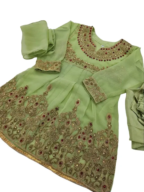 Girls Pakistani Embroidered Chiffon Dress Top With Trouser 3