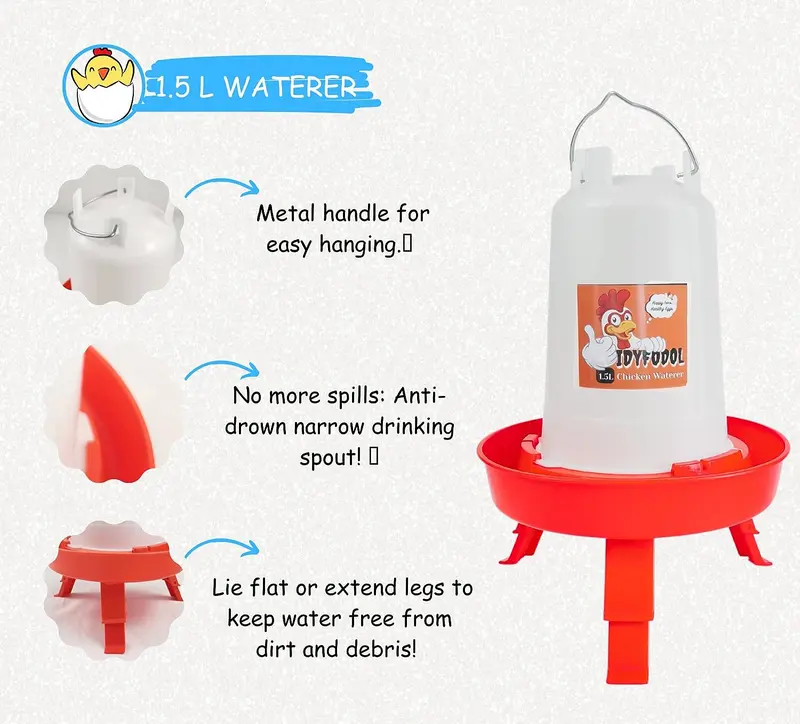 Chicken Feeder and Waterer Set with Adjustable Legs - Rain Proof 1Kg Chick Feeder and 1.5L Chick Watere 1