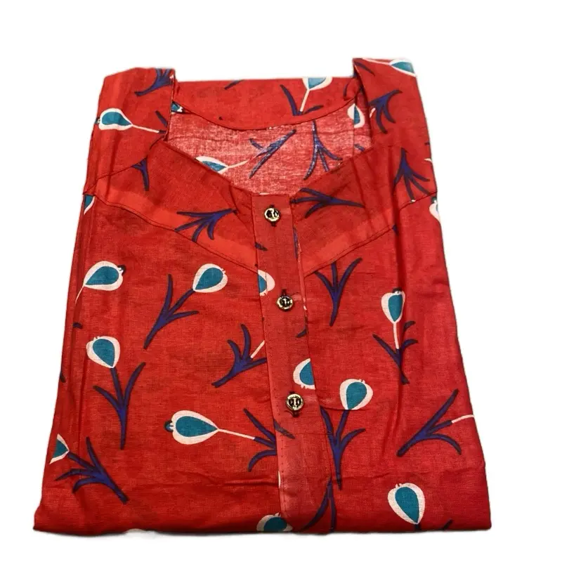 Indian Cotton Nightie Meski Dress - Women's Loungewear - Nightwear Womenswear Homewear Comfort Print Red Shortsleeve