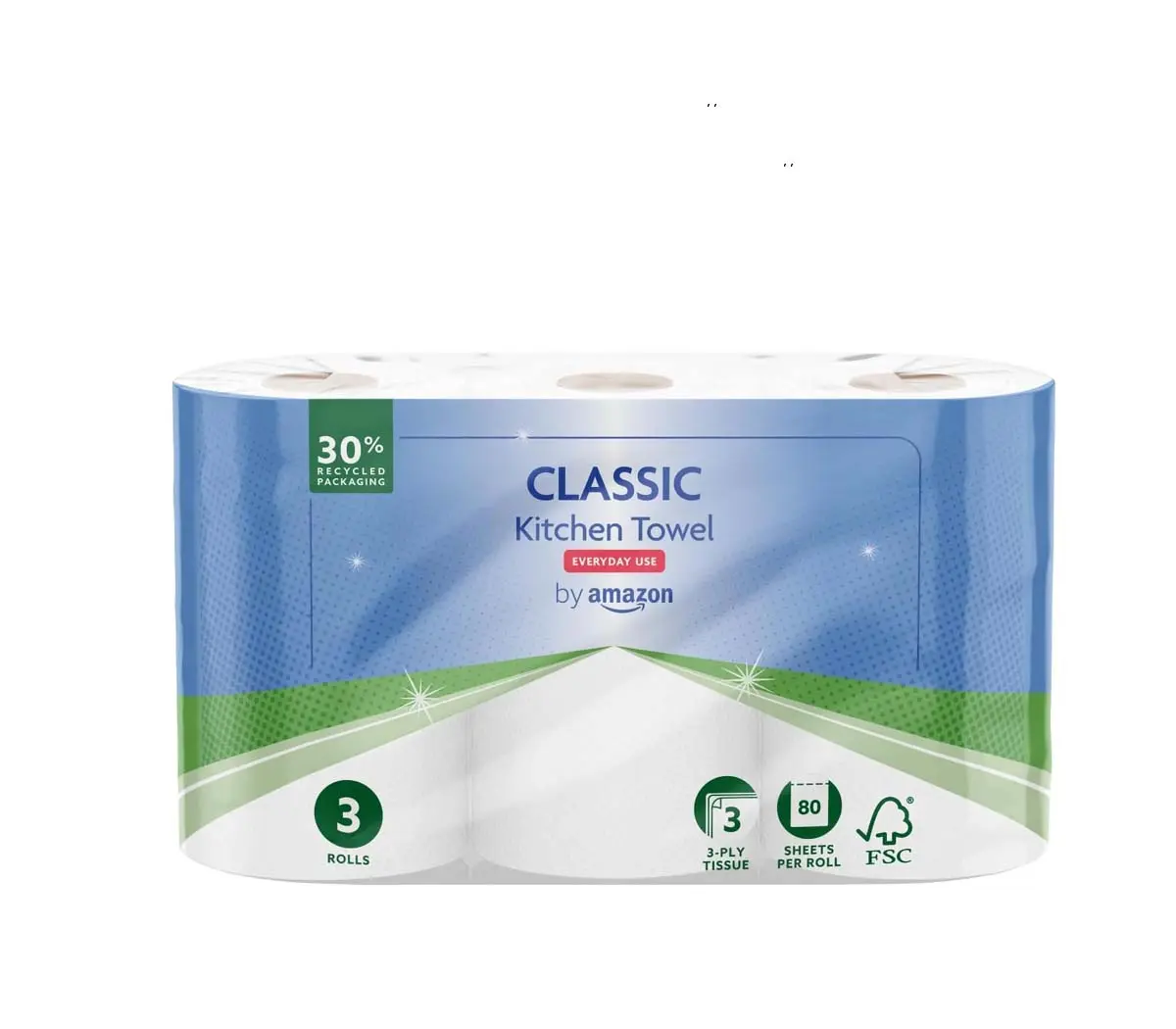 Amazon Classic Kitchen Roll, 3-ply, 80 Sheets, FSC Certified, Pack of 3 Rolls - Toilet, Wipes