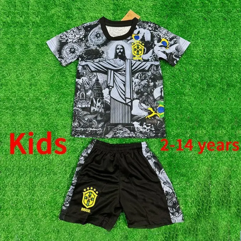 24-25 Brazilian grey Kids 2-14 years Jesus Statue Special Edition   Football jersey 2024-2025 Brazilian Kids （2-14 years）soccer jerseys