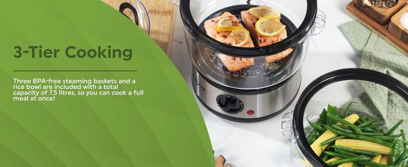 Product Introduction of 3 Tier Electric Food Steamer - 7.5L, Stackable Steaming Baskets, Dishwasher Safe, BPA Free Includes Rice Bowl, 60 Minute Timer, Compact Storage, Healthy Cooking Vegetables & Fish, 500W, EK2726 4