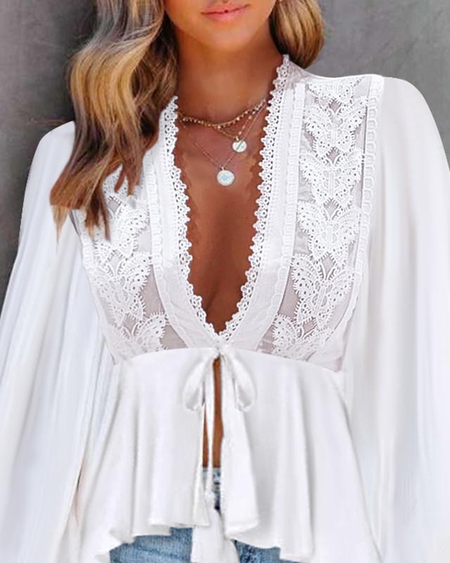 ChicMe Women's Plunge Lantern Sleeve Lace Patch Tied Detail Top 1