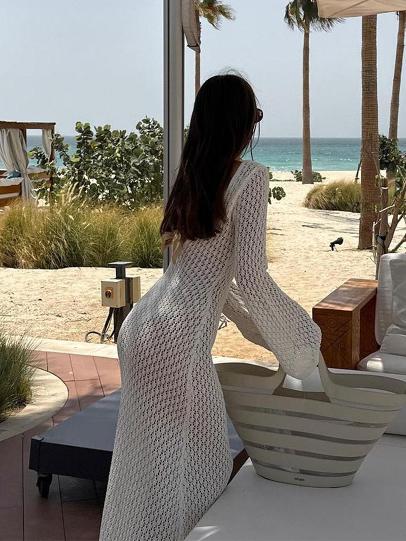 Product Introduction of Women White Long Knit Sleeve Bikin Fashion Cover up Female See-Through Deep V-Neck Hollow-Out Beach Knitwear Backless Dress 24