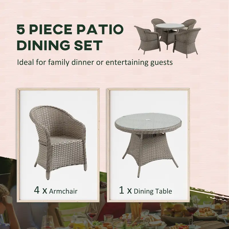 5 Pieces Outdoor Patio PE Rattan Dining Set, Four Seater Garden Furniture - 4 Chairs & Round Table w/ Umbrella Hole, Mixed Grey 3