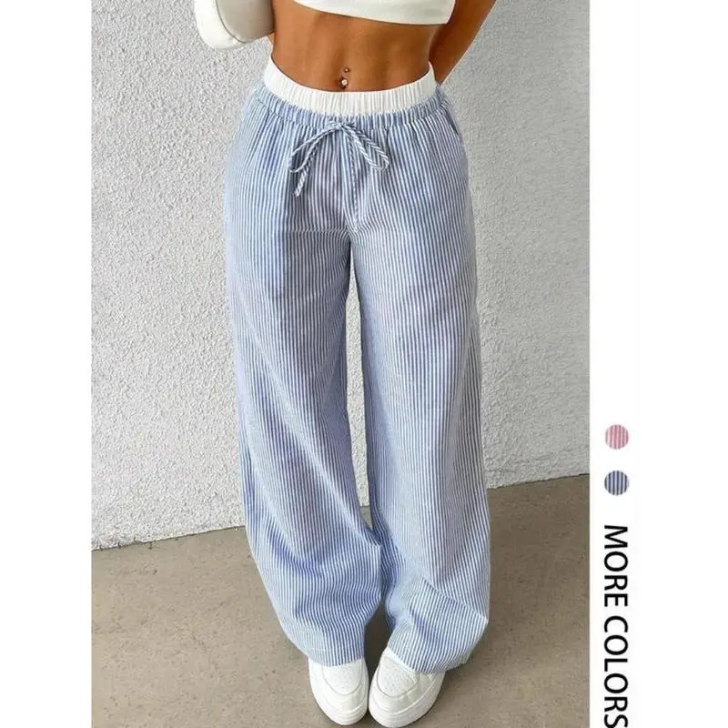 Women's Striped & Patchwork Print 2-IN-1 Drawstring Waist Wide Leg Pants, Casual Elastic Waist Pocket Trousers for Spring & Fall, Fashion Women's Bottoms for Daily Wear