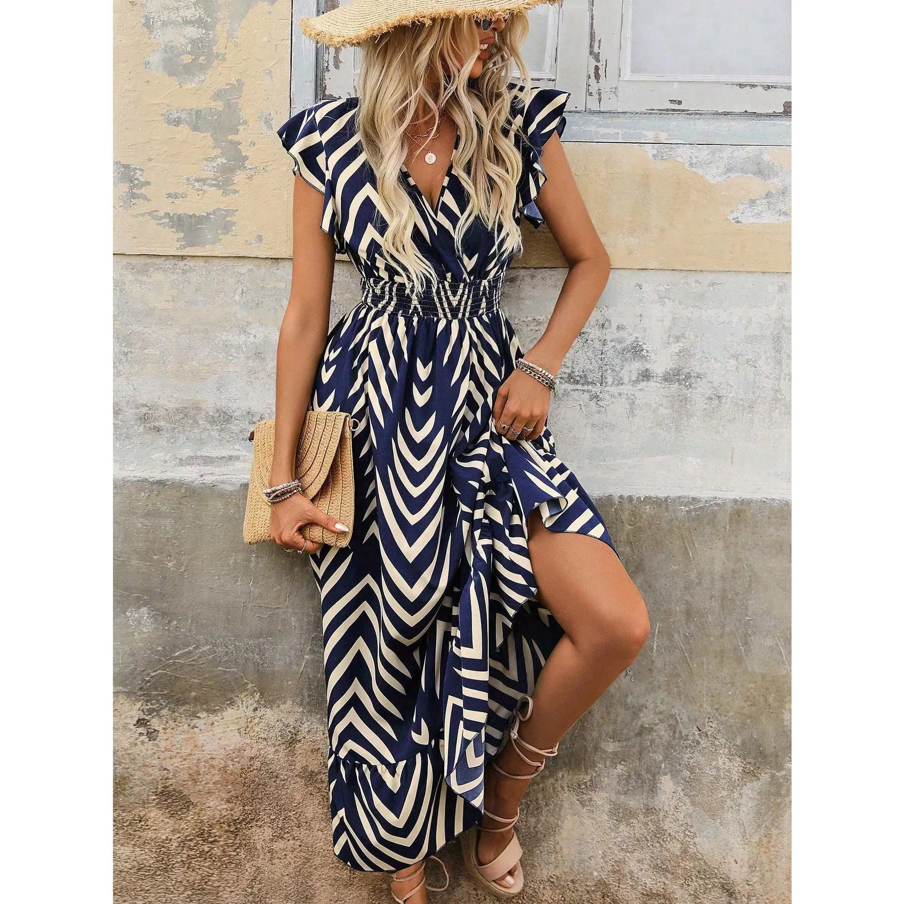 LUNE Women Summer Geometric Printed Cap Sleeves Dress With Waist Tie And Long Hem Maxi Women Outfit Casual Fabric Boho Cotton Comfort Polyester Blue Womenswear Multicolor Bohemian