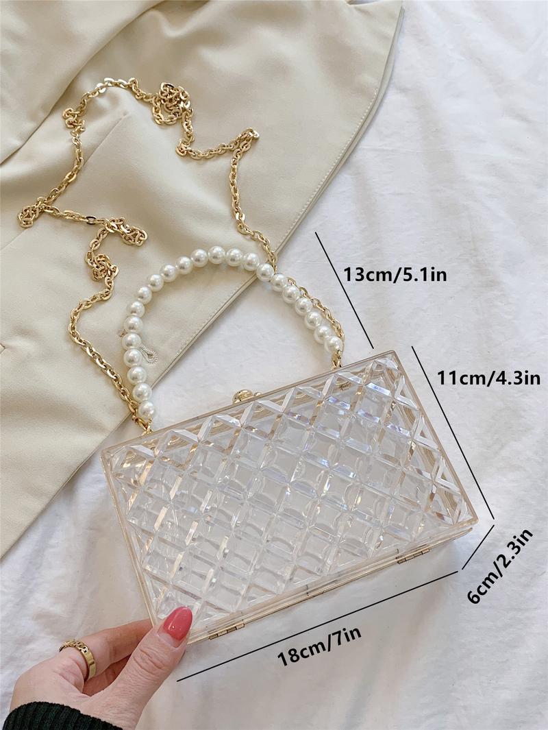 Product Introduction of NEW Pearl Handle Acrylic Mini Box Bag, Transparent Rhombus Clasp Pouch, Fashion Women's Evening Clutch Party Box Bag {Popular Gifts} 15
