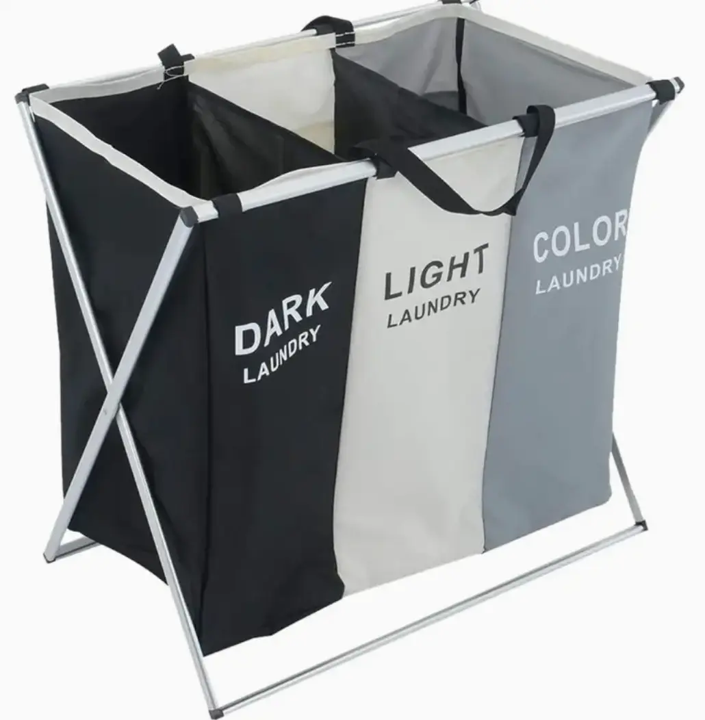 Large Laundry Basket 3 Sections Aluminium Folding Laundry Cloth Basket Washing Hamper Bin Storage Bag Light Dark for Bedroom Black and white gray