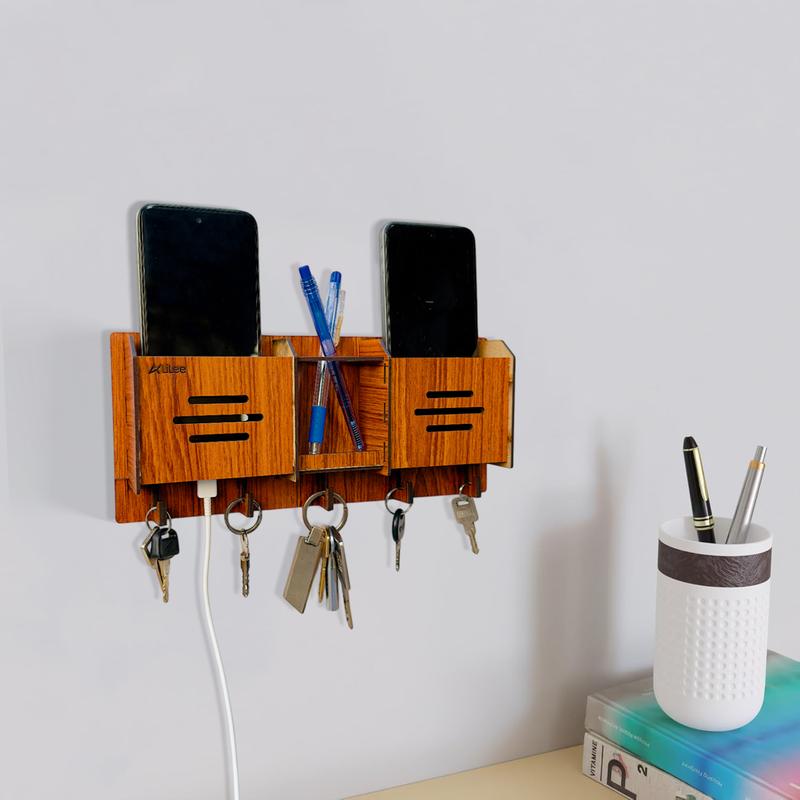 Wooden Key Holder For Home Decoration Wooden | Wall-Mounted Key Hanger with Mobile Charging Slots – 5 Key Hooks | 2 Phone Pockets, Extra Storage Slot | Modern Organizer for Home 3