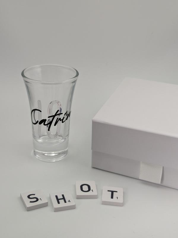 Personalised Shot Glass with optional Gift Box, corporate, birthdays, weddings, engagement parties 1