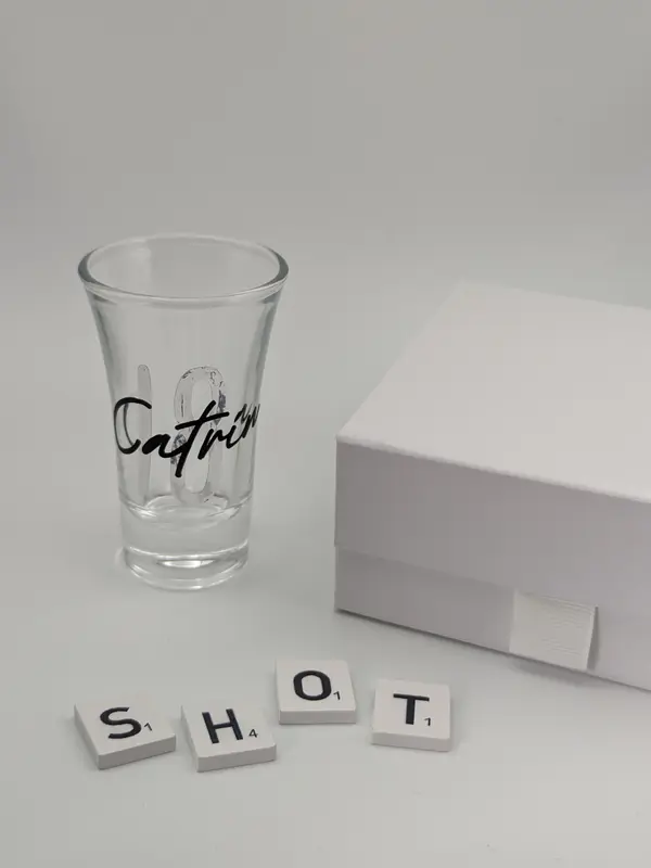 Personalised Shot Glass with optional Gift Box, corporate, birthdays, weddings, engagement parties 1