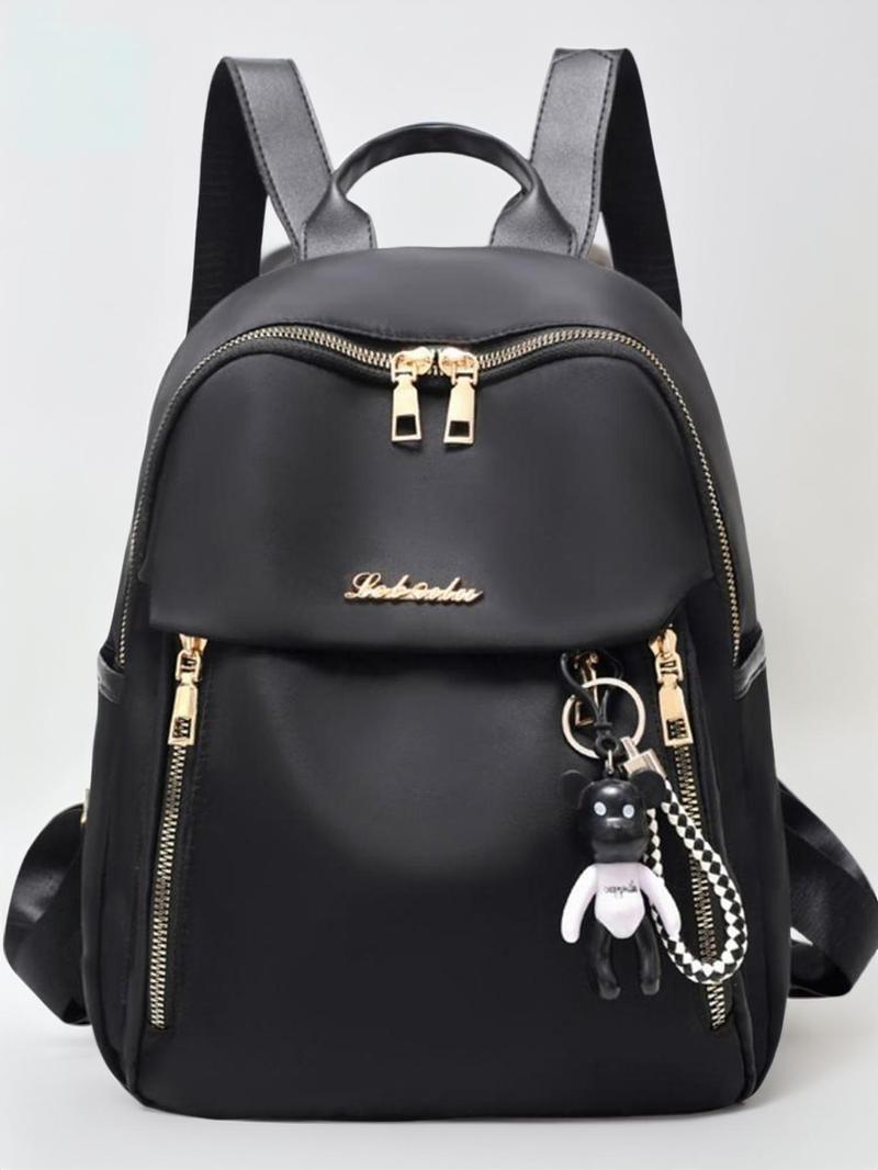 Product Introduction of Fashion Letter Metal Label Tag Decorated Nylon Backpack With Bear Shaped Charm, Casual Large Capacity Zipper Backpack For Women, Women's Classic Backpack 4