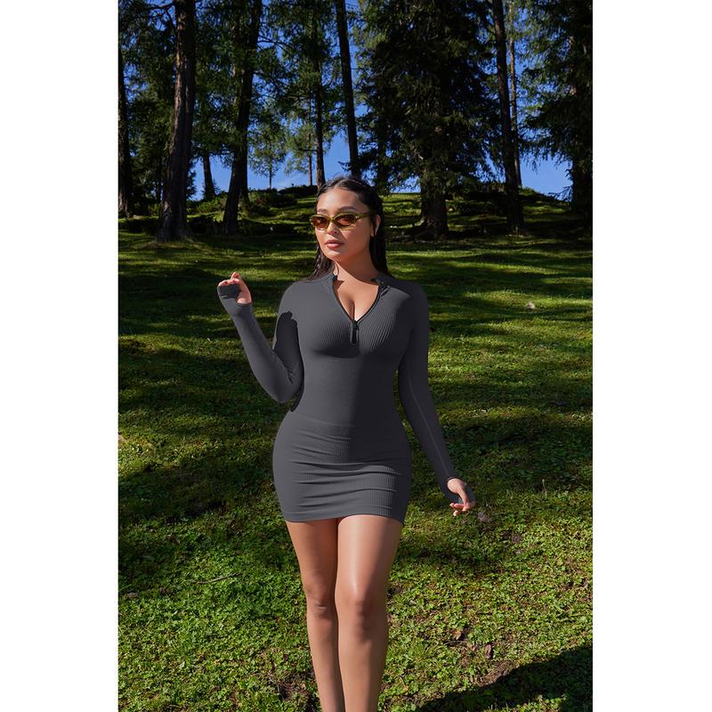 OQQ Women's Dresses Sexy Ribbed Zip Front Longsleeves Long Sleeve Tops Mini Dress Slim-fitting Casual Womenswear Lady 5