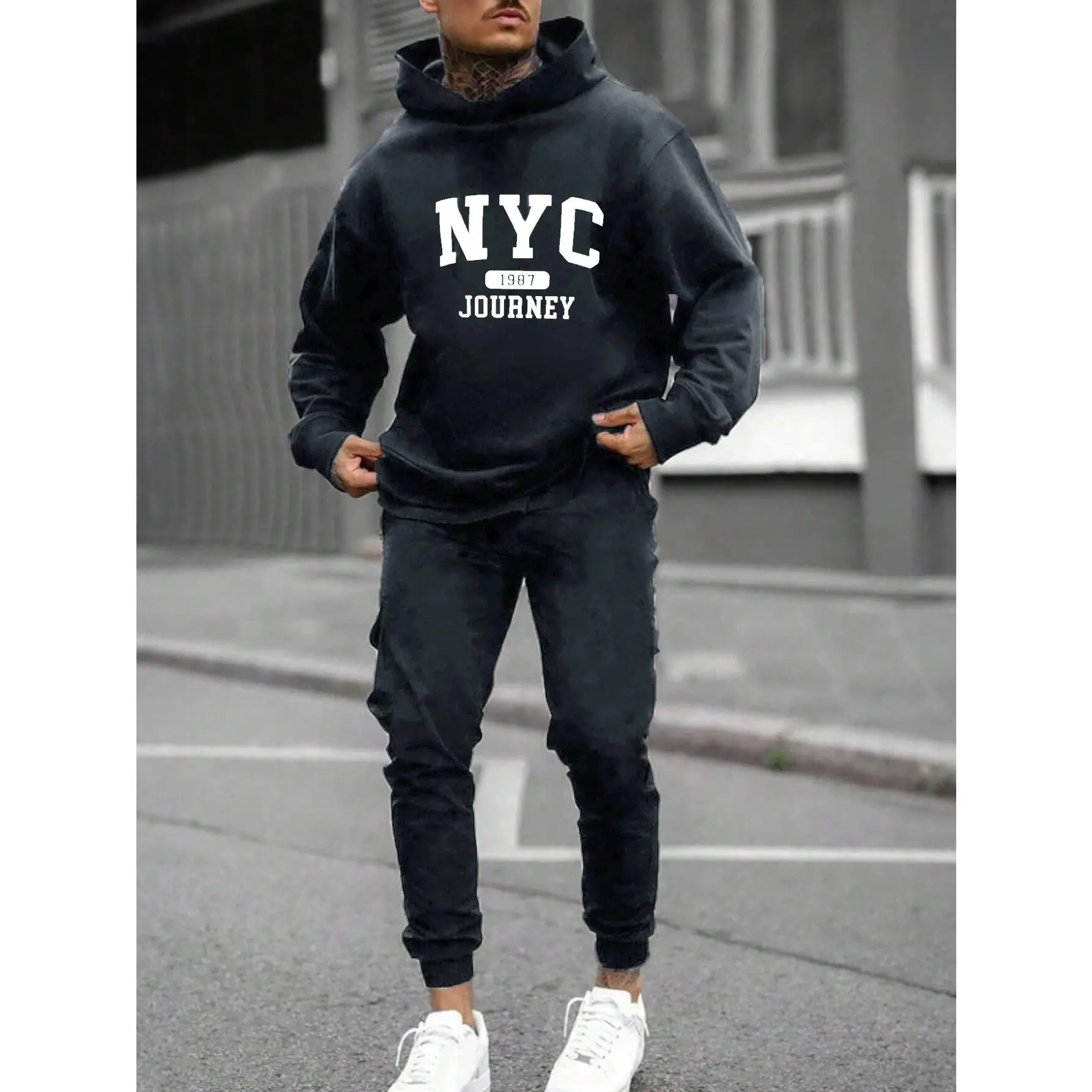Cottnline 2pcs Men's Letter Print Hooded Sweatshirt And Sweatpants Casual Set, Fall/Winter