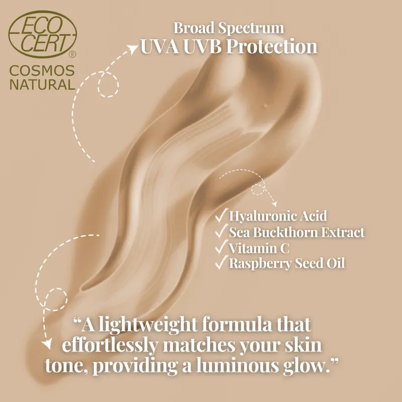Certified Natural Tinted Mineral Sunscreen SPF30 | Organic | Broad Spectrum UVA & UVB | Brightens & Protects | with Hyaluronic Acid, Sea Buckthorn Extract, Raspberry Seed Oil & Vitamin C | Mineral Sunscreen Facial Skincare - Sapónne 1