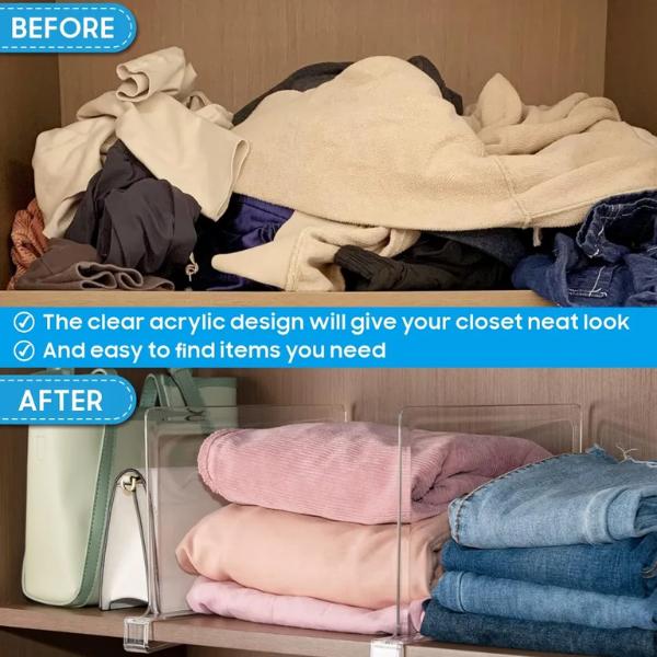 Product Introduction of 4X Clear Acrylic Shelf Dividers Storage Shelves Divider Wardrobe Organizer, Clear Acrylic Shelf Dividers for Closet Organization - Durable Closet, Book Shelf or Pantry Shelf Divider for Wood Shelves, Space Saving Shelf Organizers Racks Wooden 12