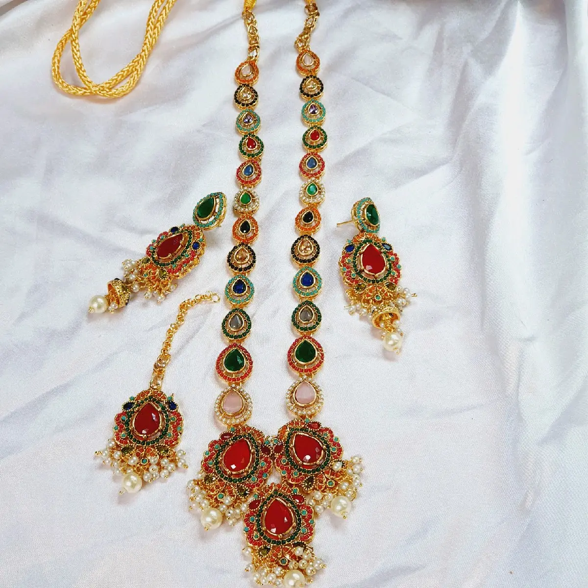 Pakistani Original Gold Plated AD Long Necklace with jhumki and tika.....