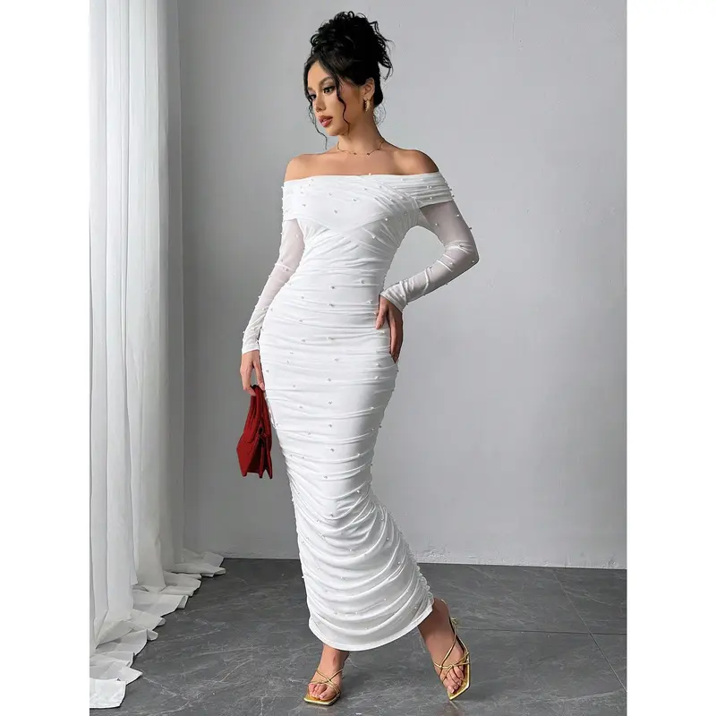Firerie Women's Elegant White Open Shoulder Pearl Decor Ruched Slim Fit Maxi Dress, Graceful And Romantic For Party, Valentine's Day Fabric Formal 5