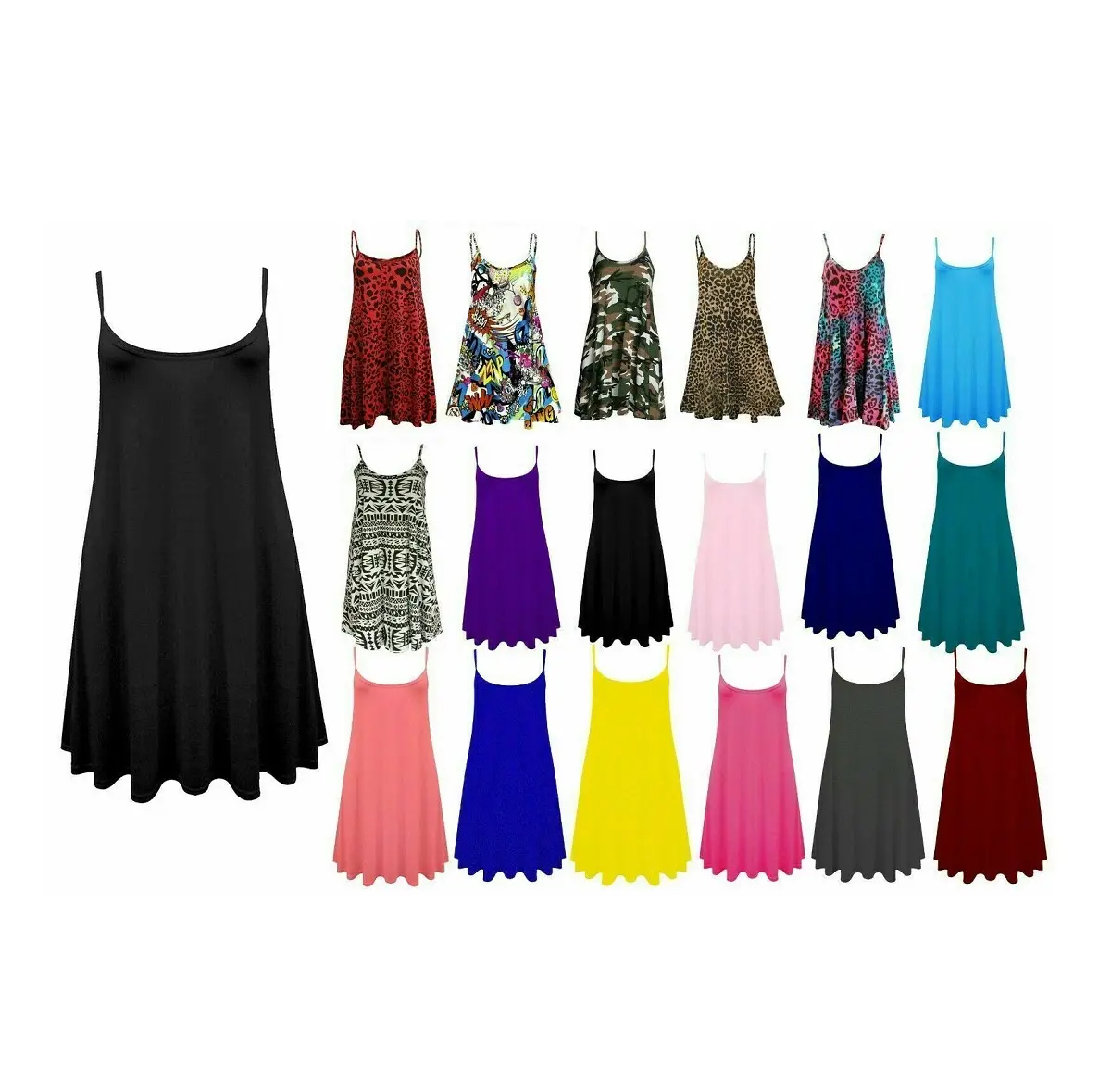 WOMENS LONG CAMI STRAPPY SKATER SWING DRESS CAMISOLE PLUS SIZE VEST TOP PRINTED Casual Summer Viscose Lady Tank Top Flared Womenswear Casual Wear