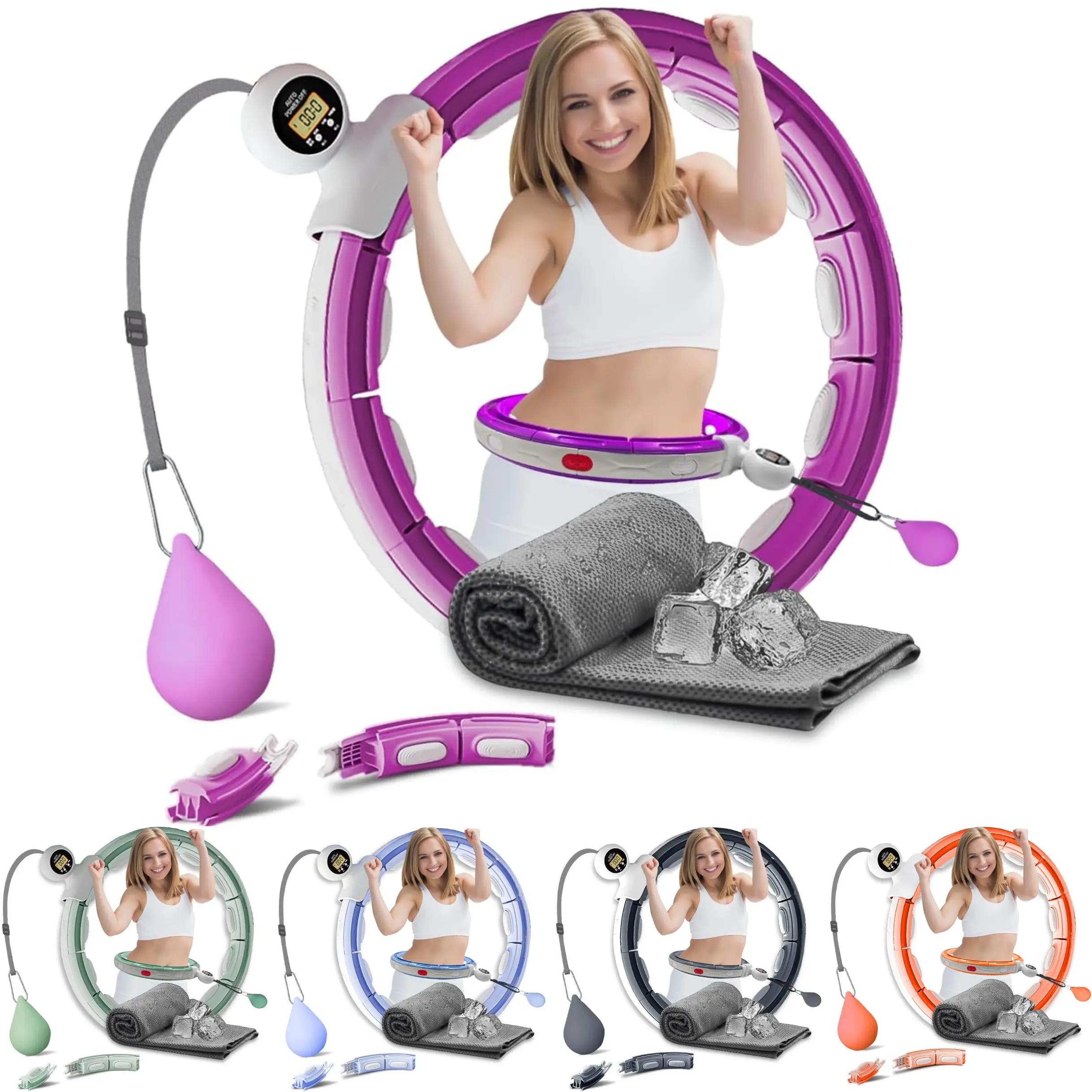 RAMHI - Smart Fitness Hula Hoop with 16 Knots & Weighted Ball | Includes Cooling Towel & Instruction Manual | 360° Auto-Spinning Massage | Weight Loss & Core Workout
