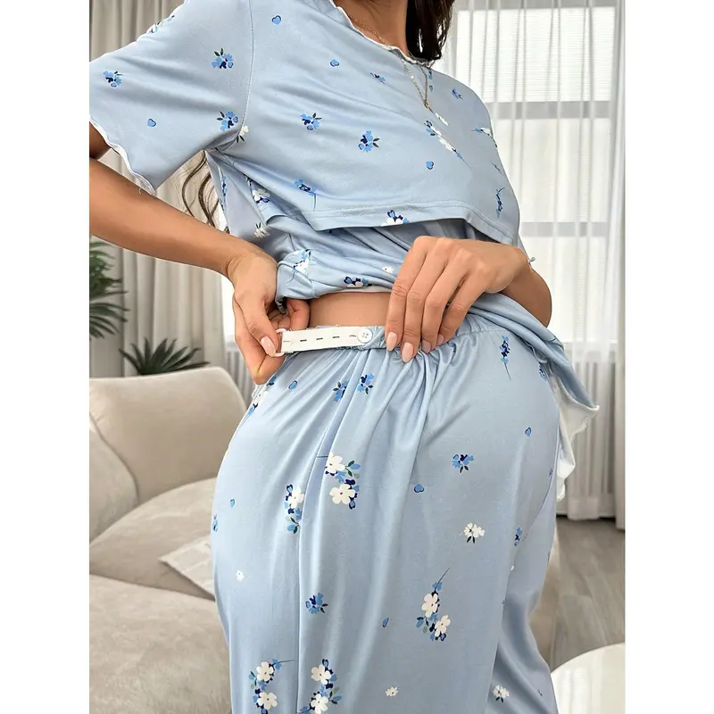 Underwear&Sleepwear Maternity Floral Pattern Nursing Short Sleeve Top And Long Pants Maternity Pajama Set 4