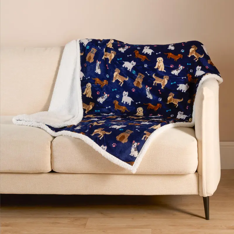 OHS Dog Print Sherpa Reverse Pet Dog Cat Blanket Throw 2