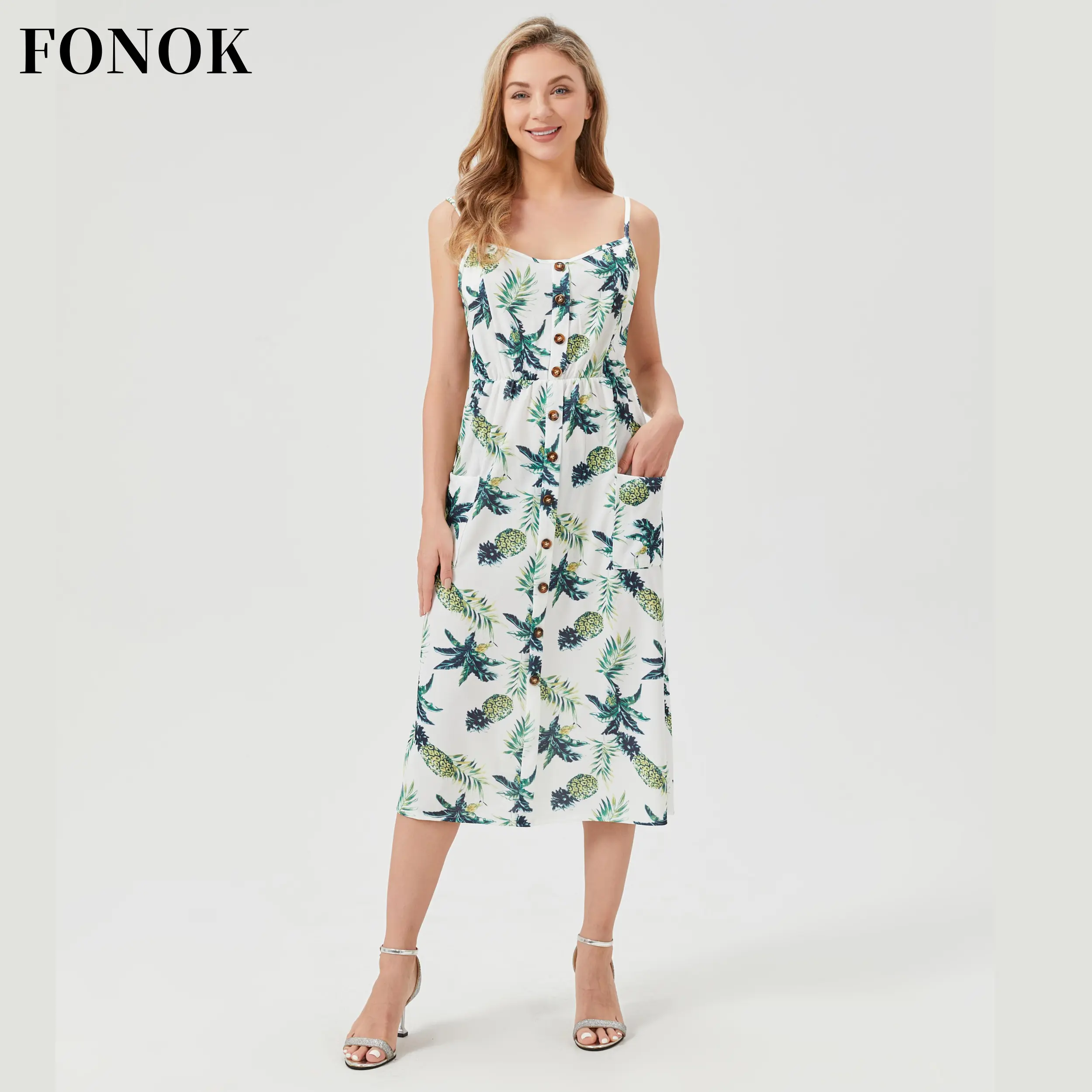 【FONOK】6 Styles Plus-size Clothes  Summer New High-waisted Printed Suspender Dress Senior Sense Breasted Slit Long Skirt Casual Womenswear straps simple casual dresses floral elegant casual dresses print  casual dresses summer dress bikini wrap