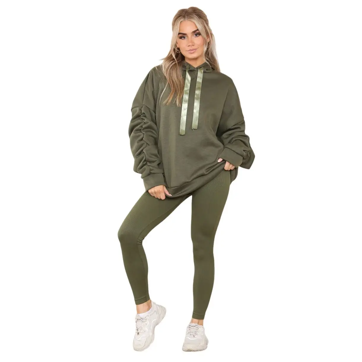 LUXE-DIVA Womens Ruched Sleeve Oversized Hooded With Ribbon Ladies Sweatshirt Jumper Top Comfort Fit Womenswear Day Drawstring Stretchy Sweaters