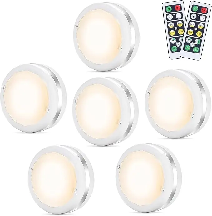 Under Cabinet Lights, Wireless LED Puck Lights Remote Control, 4000K Natural White Brightness Dimmable Battery Powered Touch Closet Cupboard Kitchen Wardrobe Lights, 6 Pack (White)