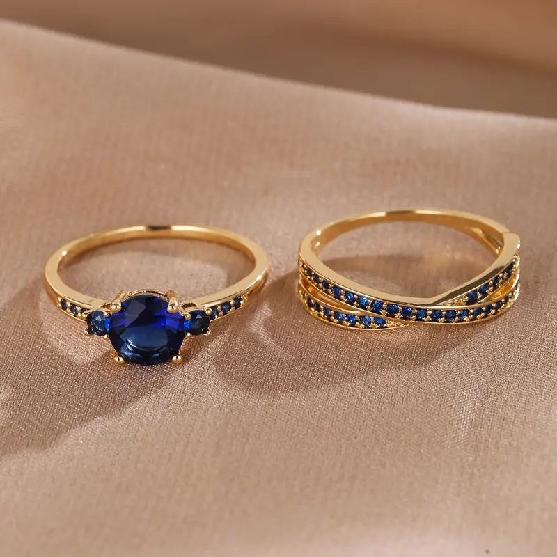 Elegant Golden-Tone Ring Set with Green Gemstone and Crystal Accents – Stylish Multi-Band Design for Daily Wear or Gifting, Daily Wear Jewelry|Stacked Ring Design|Precious Metal Look 4