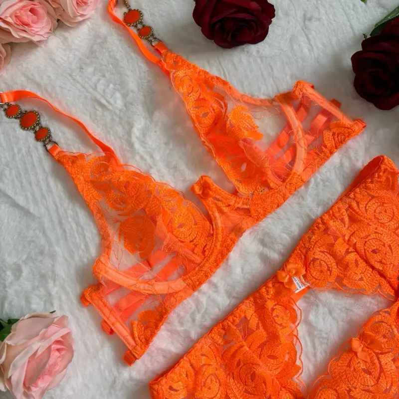 Adjustable Coral Orange Jewelled Lingerie Set for Women - Bra, Garter, Knicker, Leg Straps - Comfort, Fit, Clothes, Womenswear, Comfortable