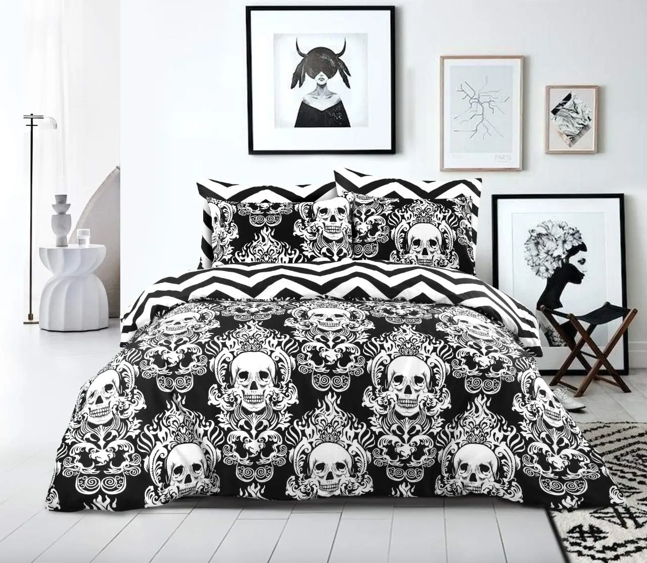 Halloween Decor Skull Print Duvet Cover & Pillowcases, 100% Soft Fluffy Bedding Set, Zig Zag Quilt Covers, Double King Superking Size