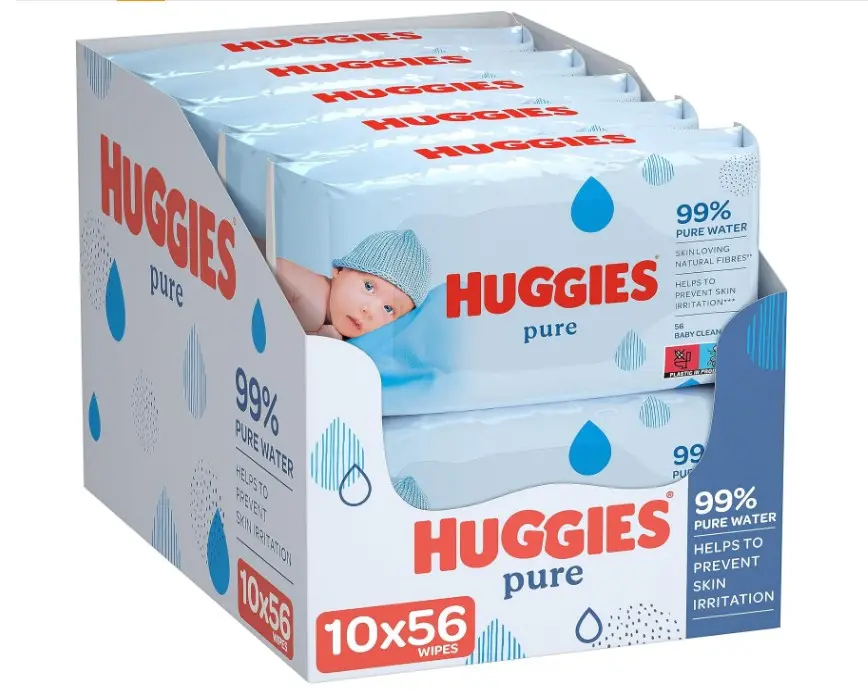 Huggies Pure Baby Wipes - Pack of 10 (10 x 56 Packs, Total 560 Wipes)