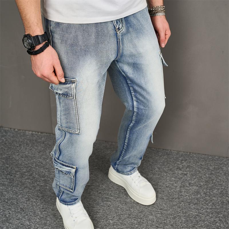 Product Introduction of Men Multiple pockets Cargo Jeans Stylish Streetwear Male Loose Carpenter Straight Casual Denim Pants 11