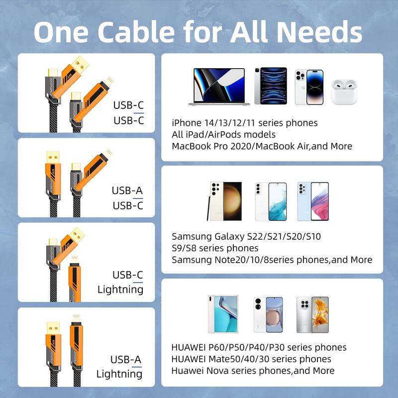 concepta london USB C to Lightning Cable [60W Fast Charging Data Sync] Nylon Braided iPhone iPad Charger Cable, Multi Charger Cable, 4 in 1 With Lightning/USB C/USB A Ports,  Yellow , Black Alloy Mobile Android Cord Devices Electronic Smartphone Cellphone 1