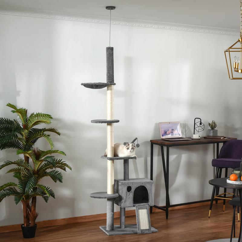 PawHut 270cm Floor To Ceiling Cat Tree Cat House Scratching Post for Indoor Cats Hammock Hanging Ball Activity Center Grey 1