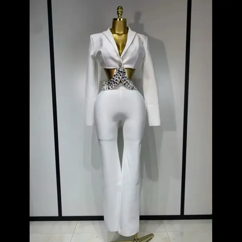 LUXE Collection - White Embellished Blazer & Trouser Suit One Piece Bandage Womenswear Classy Event Birrhday Wedding Going out