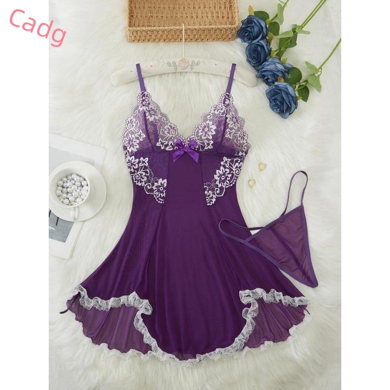 Women's Contrast Lace Bow Decor Cami Nightdress & Panty Two-Piece Set, Solid Color Deep V Neck Nightgown & Panty, Ladies Sleepwear for All Seasons Womenswear Loungewear 4