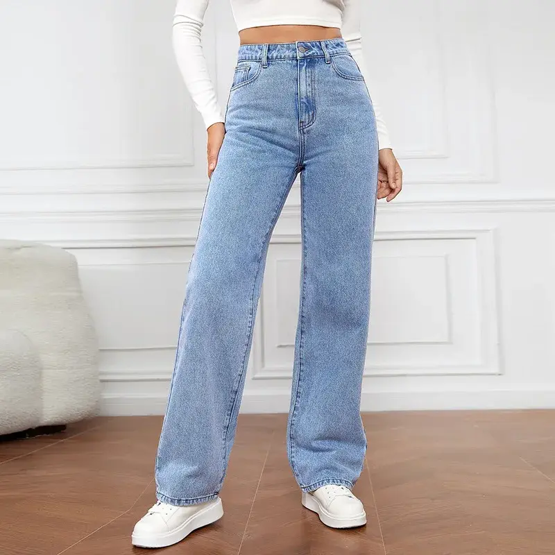 Women Jeans Straight Pants Denim Washing High Waist Loose Fit Pockets Basics Ankle Length Pants Solid Color Slight Strech 7