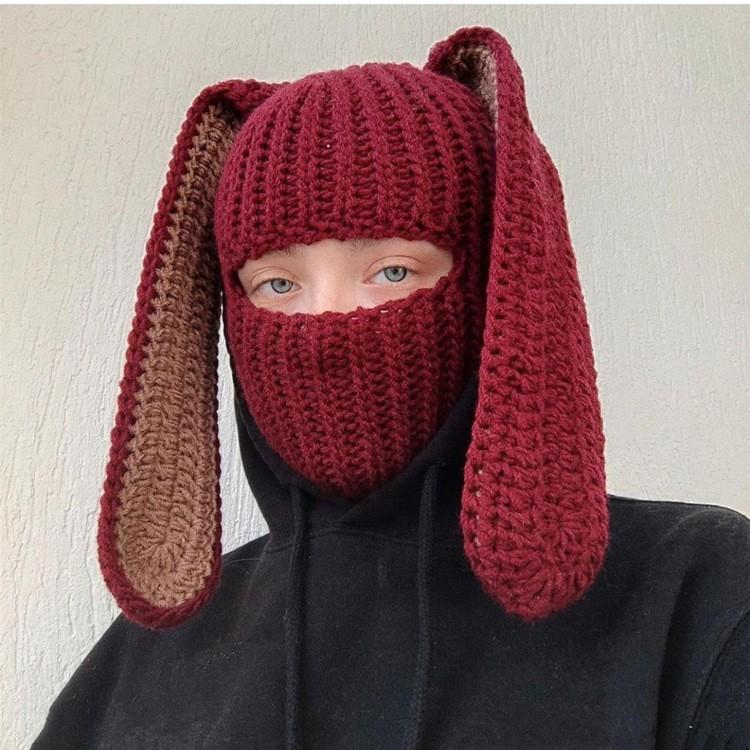 Explosive Rabbit Ear Hat Autumn and Winter Balaclava Neck Mask in One Knitted Hat 1